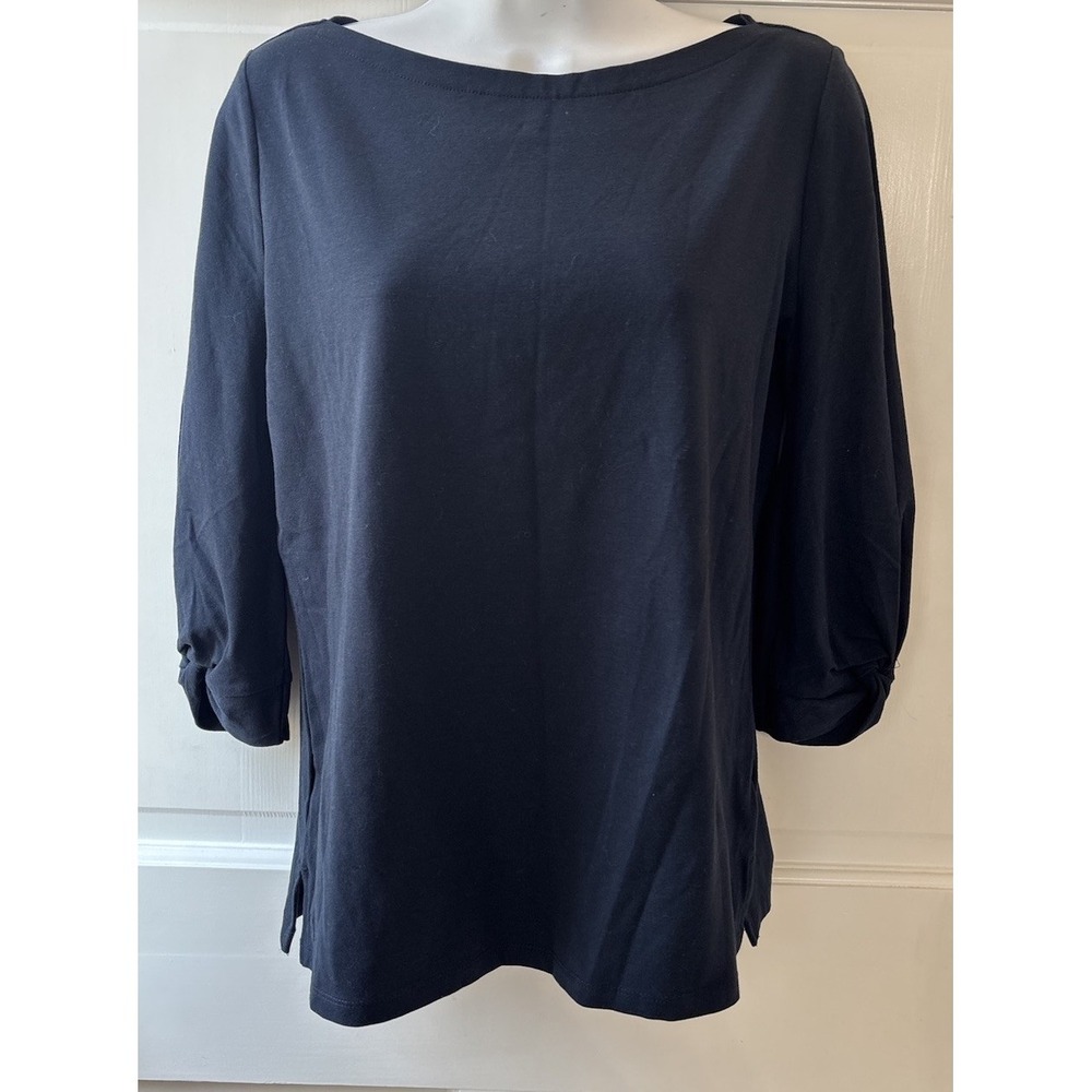 LAUREN RALPH LAUREN  BOAT NECK TOP Navy  BLUE 3/4 Gather Sleeve Nwt Woman Small